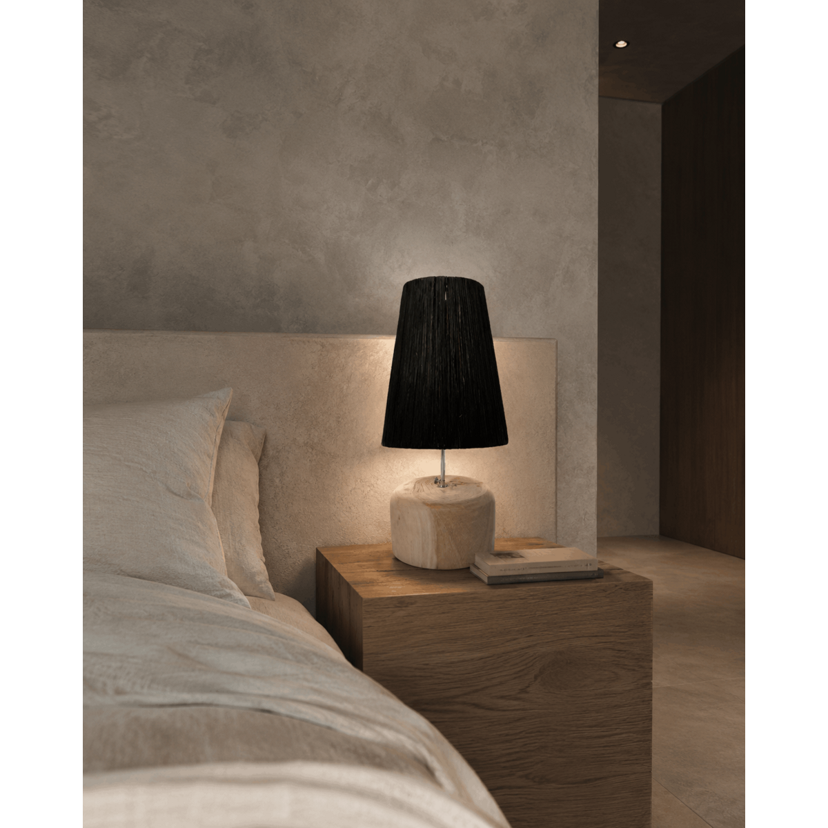 Teak and raffia table lamp - Raffia, black shade