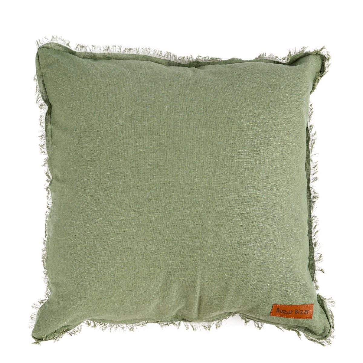 Linen cushion cover with fringe, sage green - 50×50cm