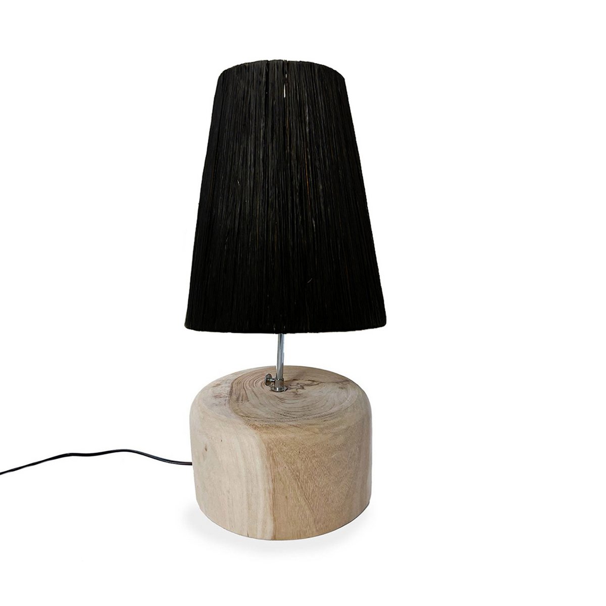 Teak and raffia table lamp - Raffia, black shade