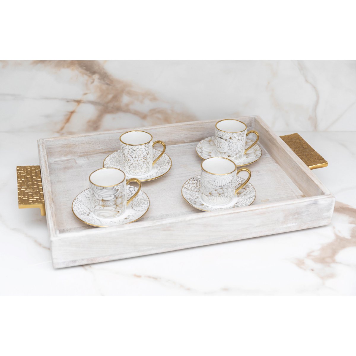 Ceramic coffee cups with abstract saucers, set of 4