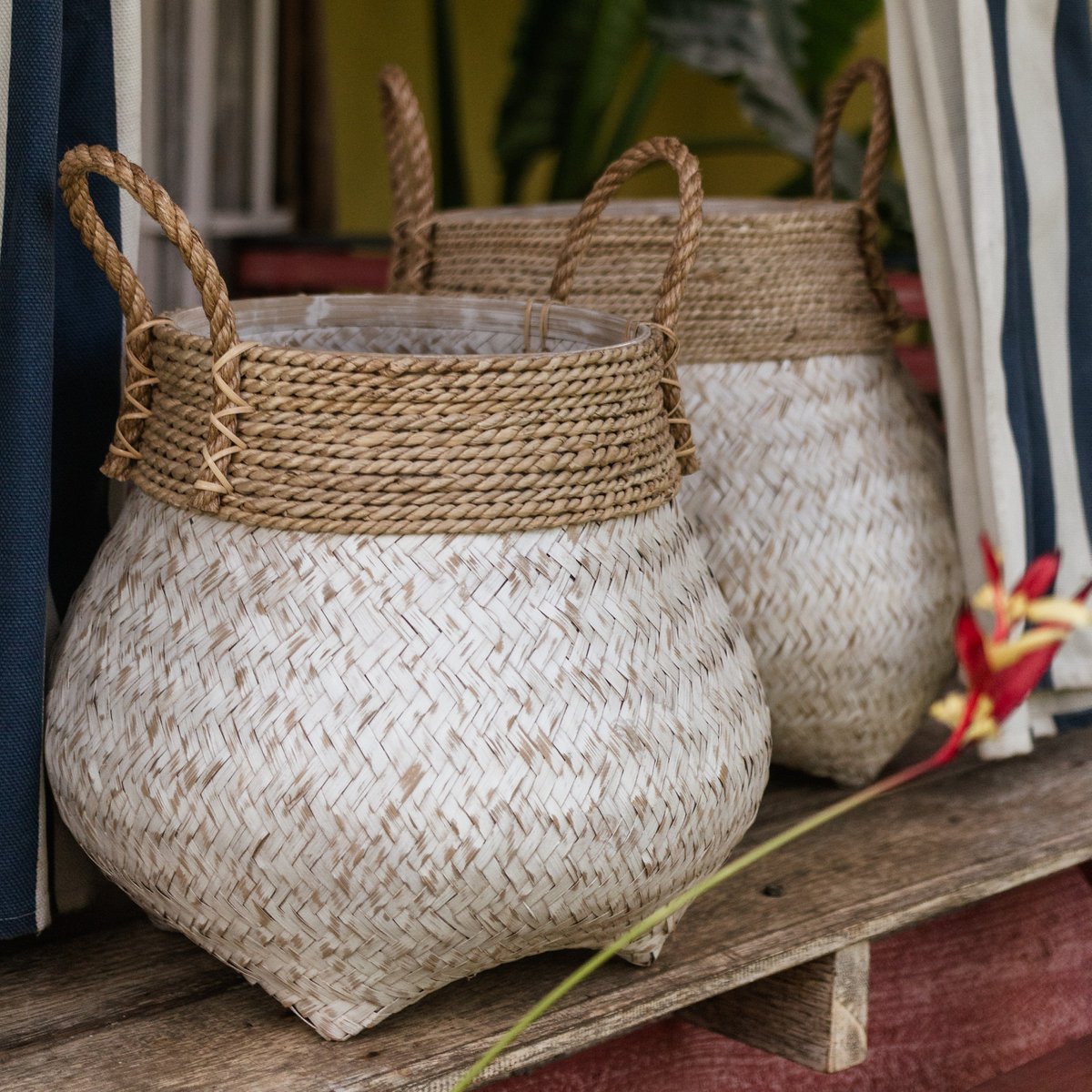 Bamboo, seagrass & jute basket BENOA S – white & beige