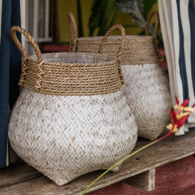 Bamboo, seagrass & jute basket BENOA S – white & beige