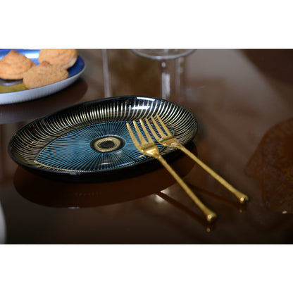 Glass serving plate, blue and gold oval - 22×15.5 cm