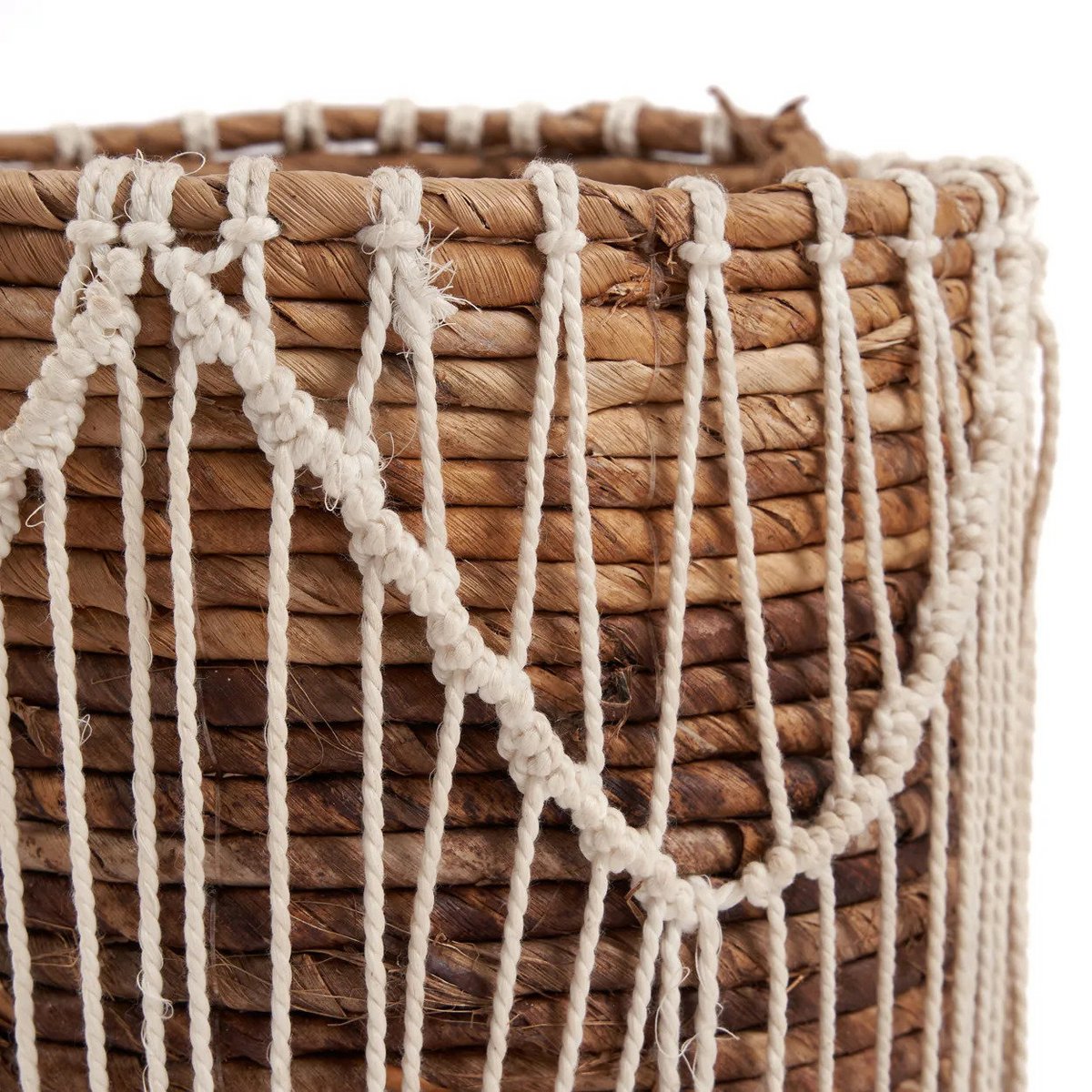 Makramee-Aufbewahrungskorb aus Baumwolle 20 × 20 cm – Naturweiß, zylindrisch