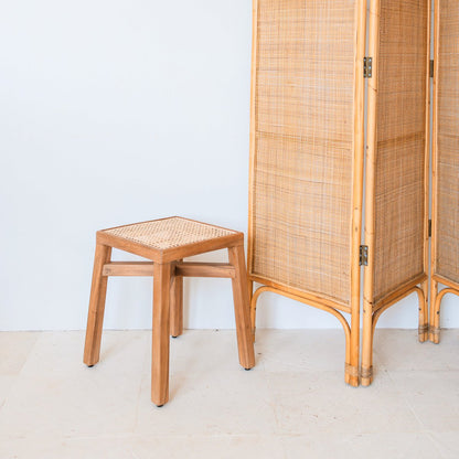 Rain tree wood stool with rattan seat 41×41×46 cm