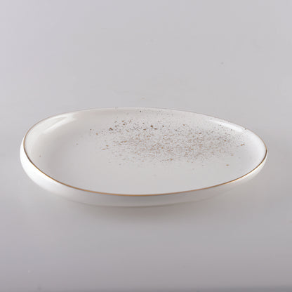 Ovalt porcelainsdesserttallerken, hvid med guld