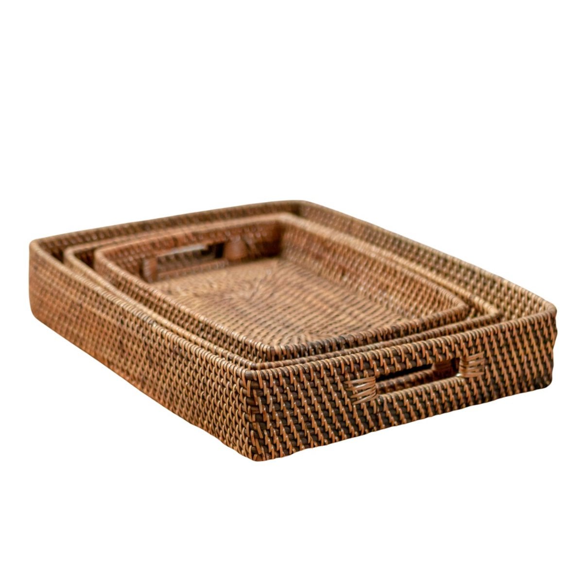 Rattan rectangular tray Amahai M – geometric, brown & red