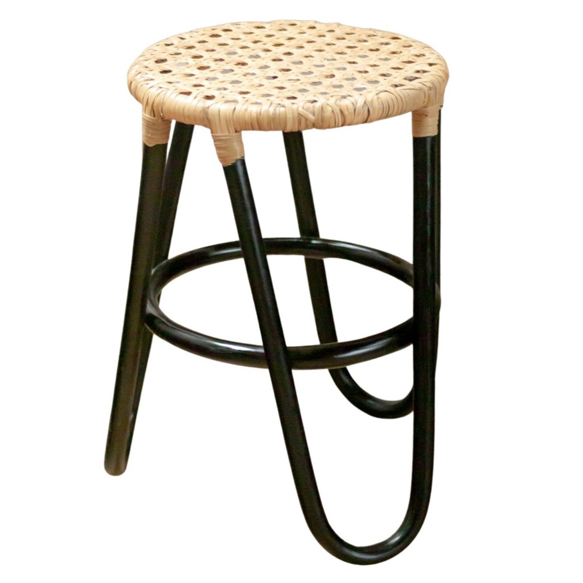 Rattan stool KOLAKA black Ø35 cm - three-legged woven seat