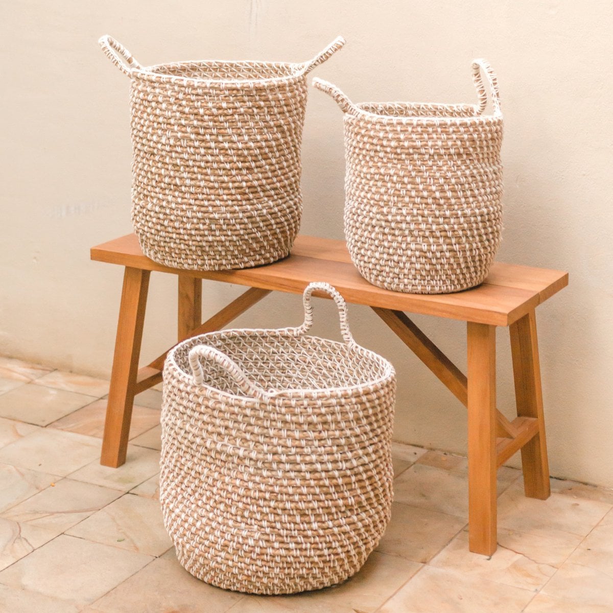 Vasketøjskurv, rund, i jute og bomuld, M – 30 × 34 cm