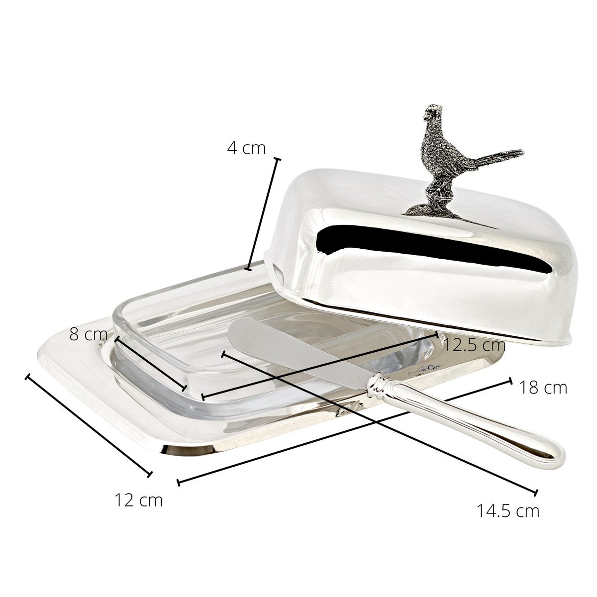 Silver steel butter dish with knife, 18 cm - Pheasant