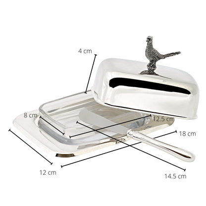 Silver steel butter dish with knife, 18 cm - Pheasant