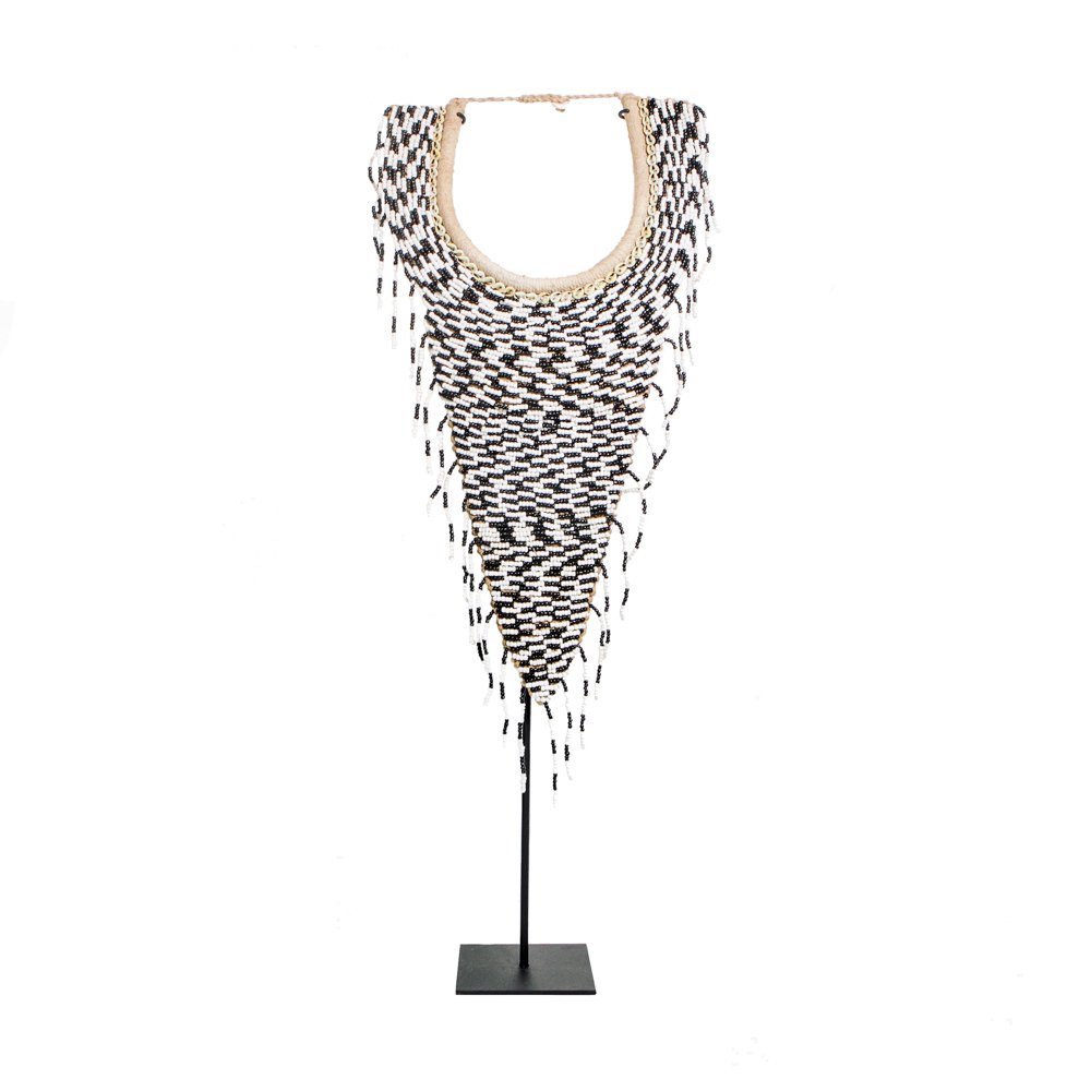 Beaded tribal necklace on stand - Black & white, 71 cm