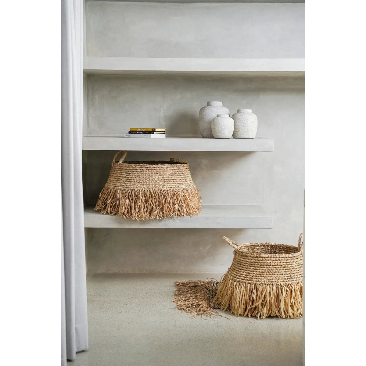 Raffia basket with fringe - Medium, beige, 36 cm