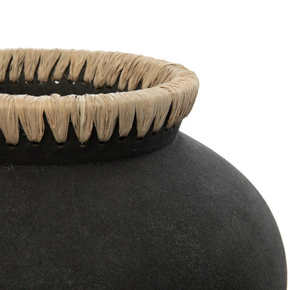 Terracotta vase with raffia, tall - 27 cm