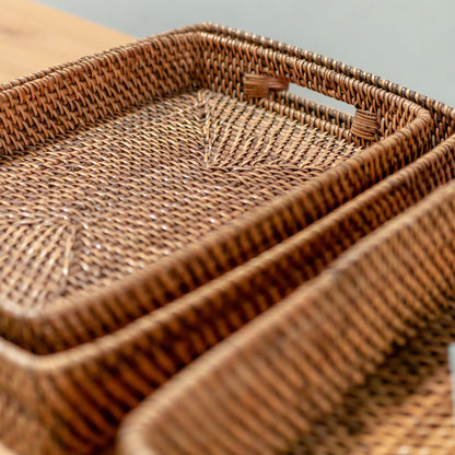 Rattan rectangular tray Amahai M – geometric, brown & red