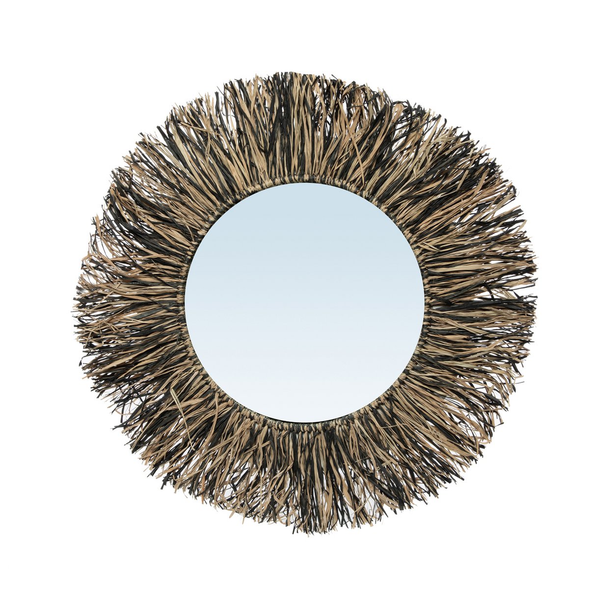 Raffia mirror round natural black fringe - 55 cm