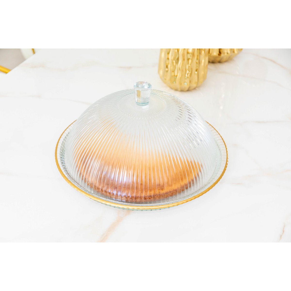 Glass cake dome with gold rim, 32×32×17 cm