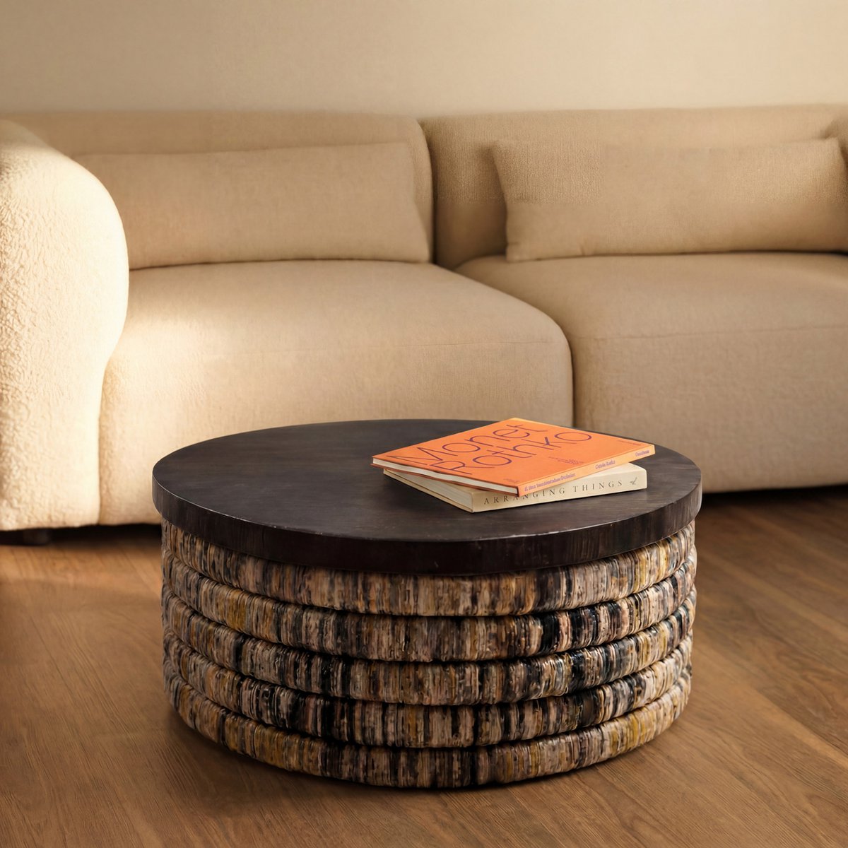 Banana leaf coffee table, black top, grey wash - Round