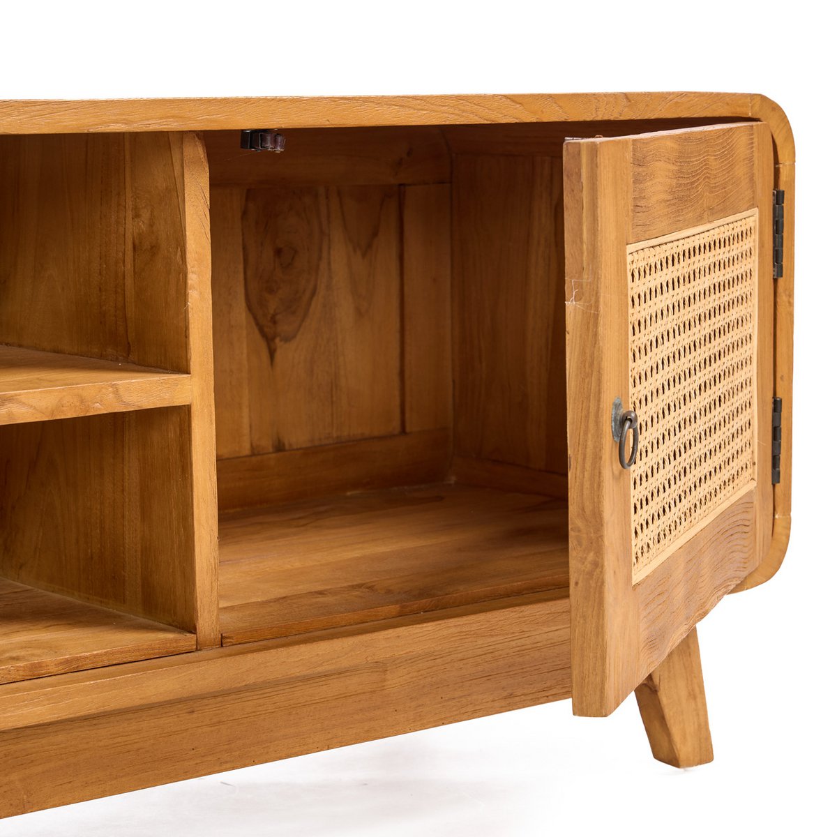 TV cabinet, teak and rattan - natural - 150 cm wide
