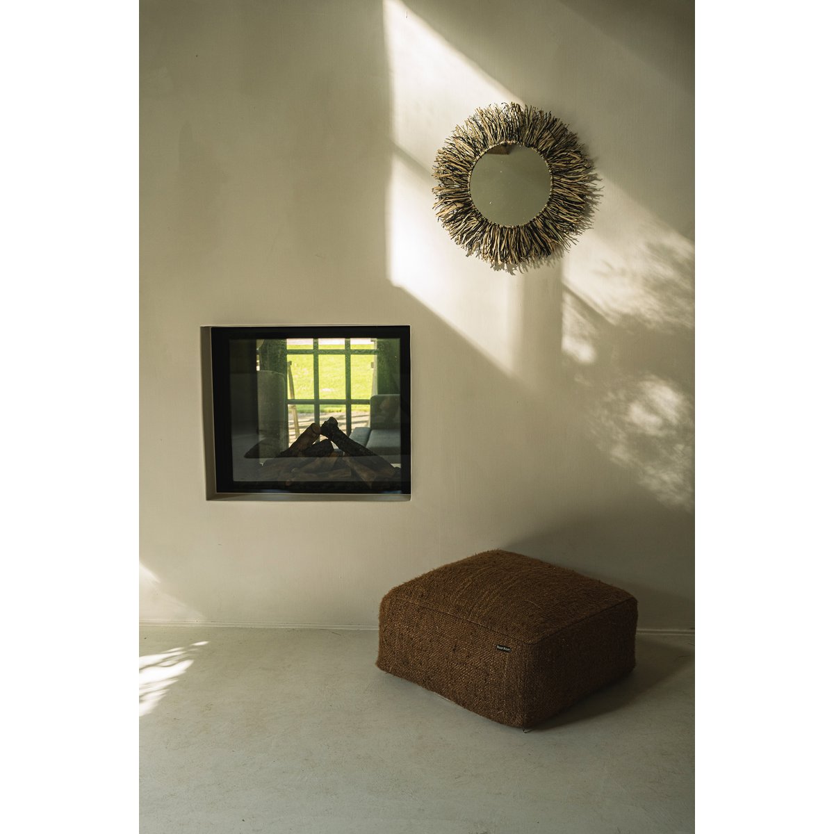 Raffia mirror round natural black fringe - 55 cm