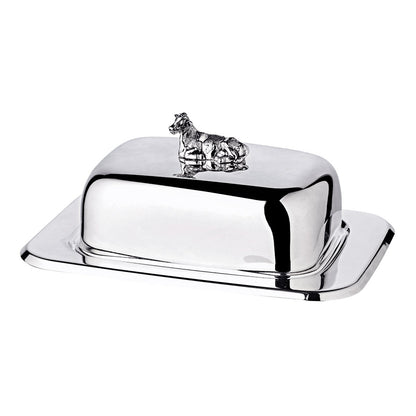 Silver steel butter dish with knife, 18 cm - Cow