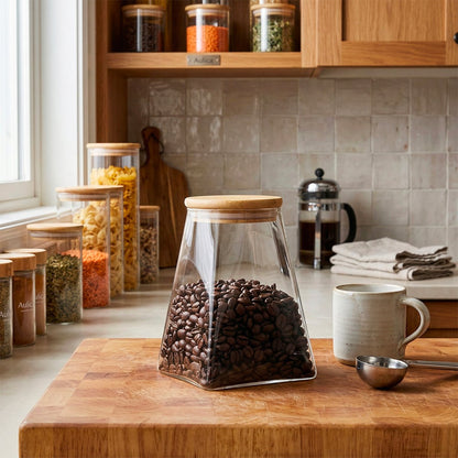 Triangular glass storage jar with wood lid - 910ml