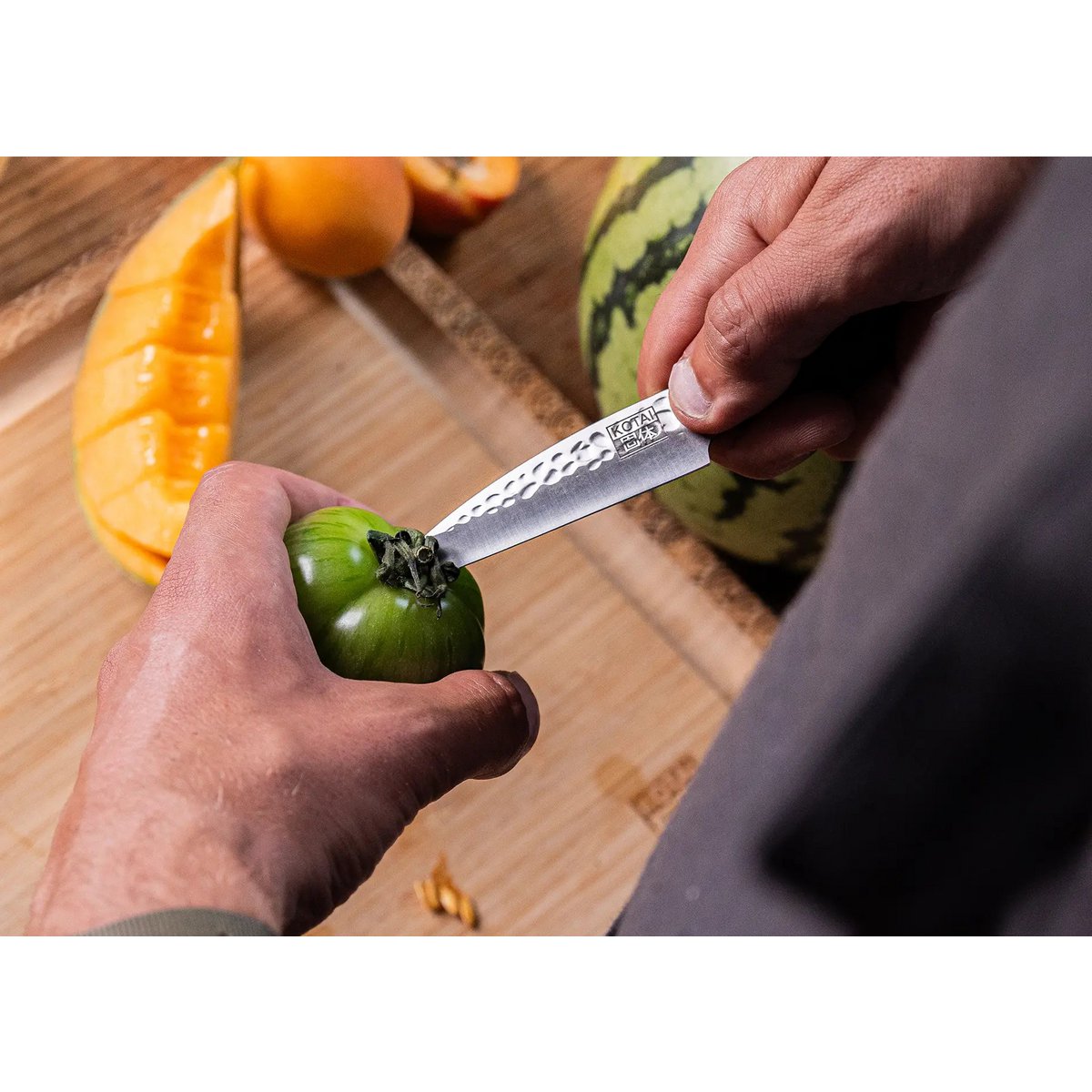 440C steel paring knife 90 mm - hammered blade with bamboo saya