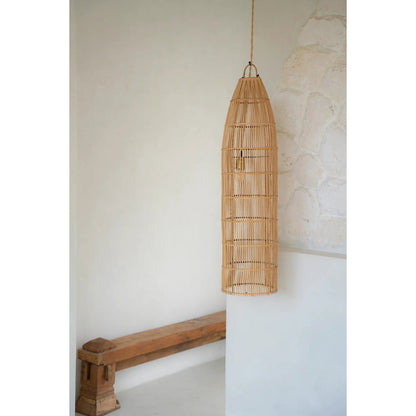 Pendellampe af rattan, 90 cm – høj silhuet i fiskeruse-stil
