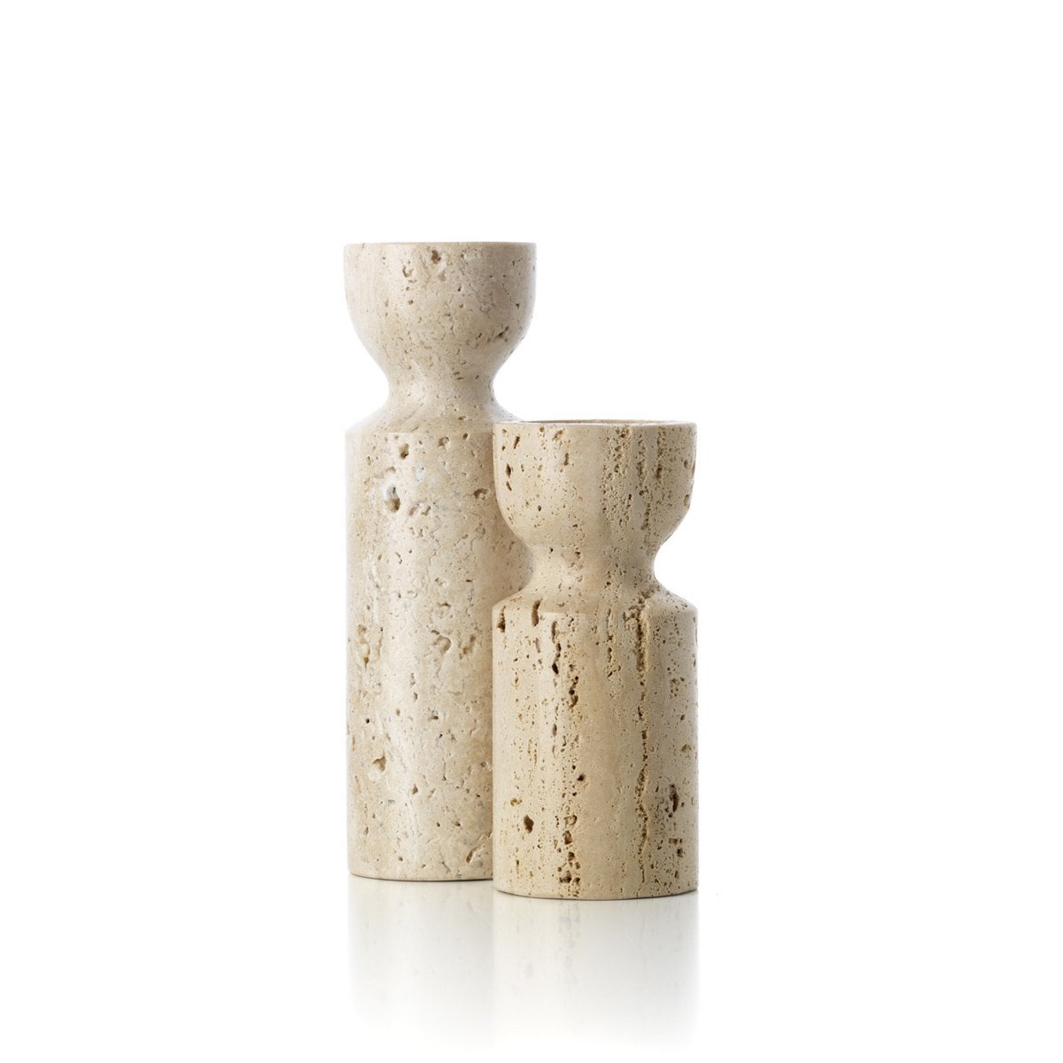 Travertine Hourglass candle holder, beige medium - hand-carved