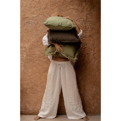 Linen cushion cover with fringe, sage green - 50×50cm