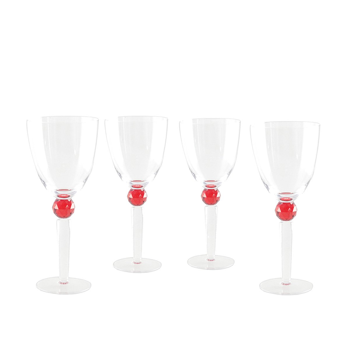 Glass wine glasses with red diamond foot, set of 4