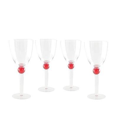 Glass wine glasses with red diamond foot, set of 4