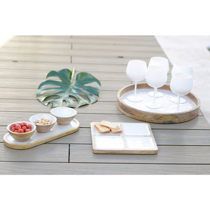 Mango wood tray with three white cups - 35cm square