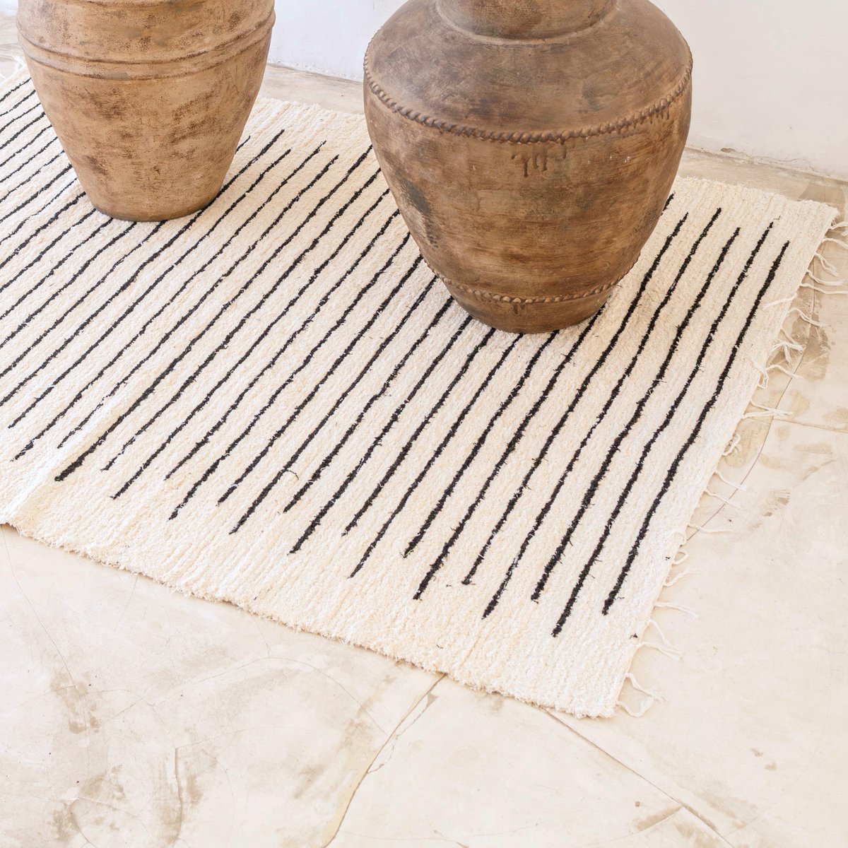 Handwoven cotton rug 157 × 119 cm – black stripe on white