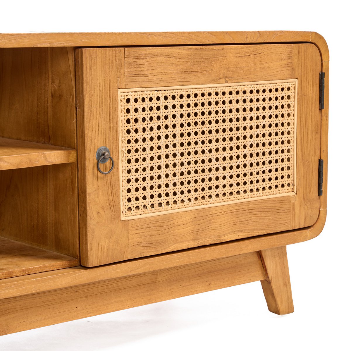 TV cabinet, teak and rattan - natural - 150 cm wide