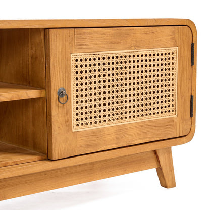 TV cabinet, teak and rattan - natural - 150 cm wide