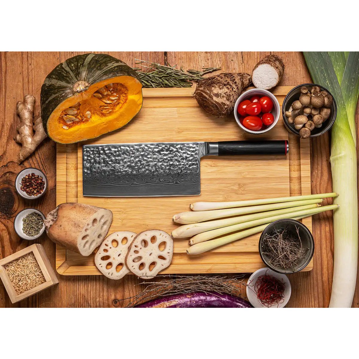 Damascus steel cleaver knife 190 mm - wood handle