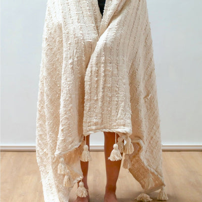 Handwoven cotton throw 110×200 cm - TENUN, beige