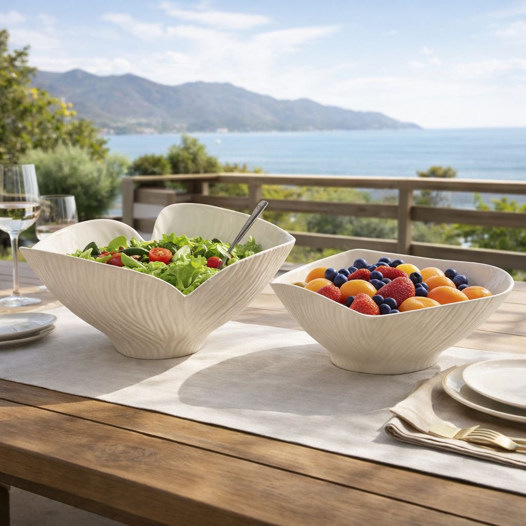 Ceramic serving bowl, beige floral matte, 41cm