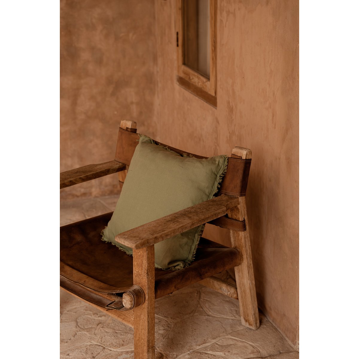 Linen cushion cover with fringe, sage green - 50×50cm