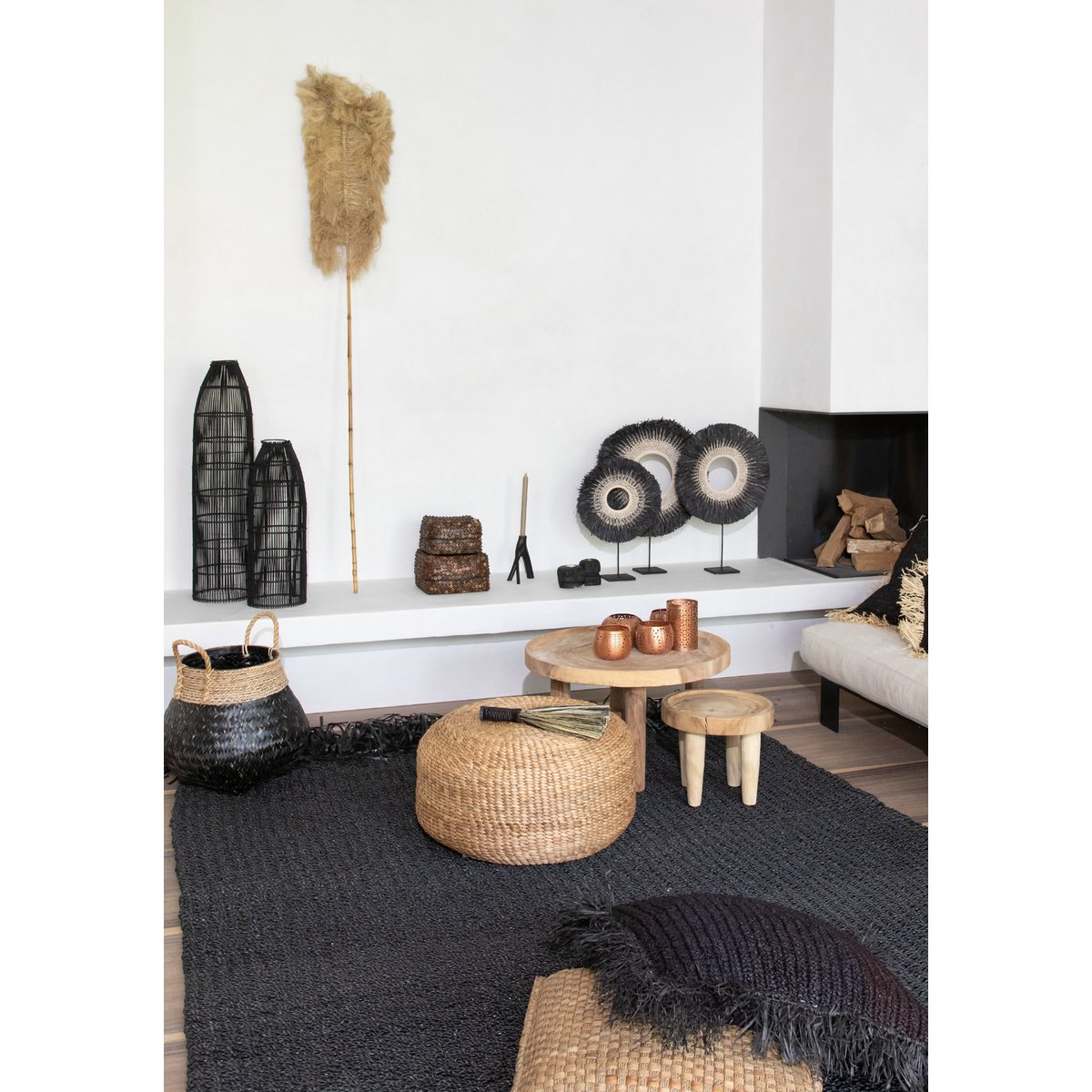 Handgewebter schwarzer Rattan-Fischfallen-Pendelschirm 23 × 90 cm – groß