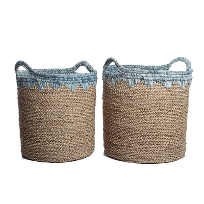 Seagrass vasketøjskurv NIAS M – 35 × 40 cm, beige & blå