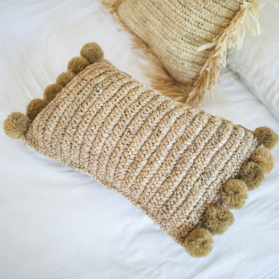 Raffia & cotton cushion with filling - SANUR, beige