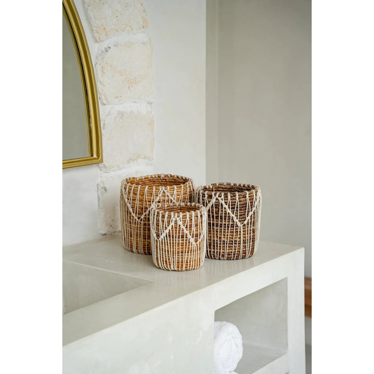 Makramee-Aufbewahrungskorb aus Baumwolle 20 × 20 cm – Naturweiß, zylindrisch
