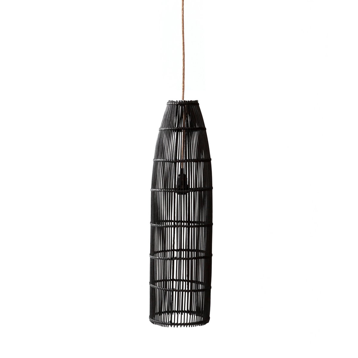 Handgewebter schwarzer Rattan-Fischfallen-Pendelschirm 23 × 90 cm – groß