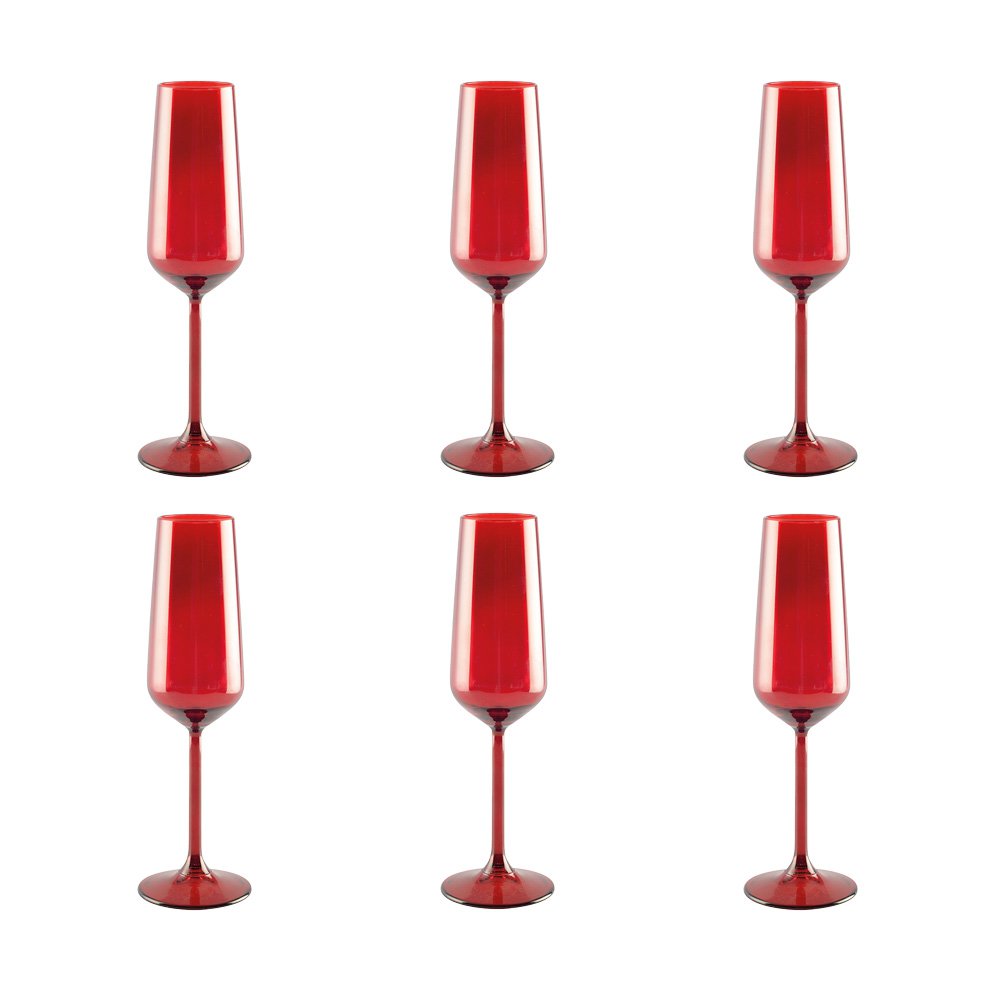 Glass champagne flutes, set of 6 - red