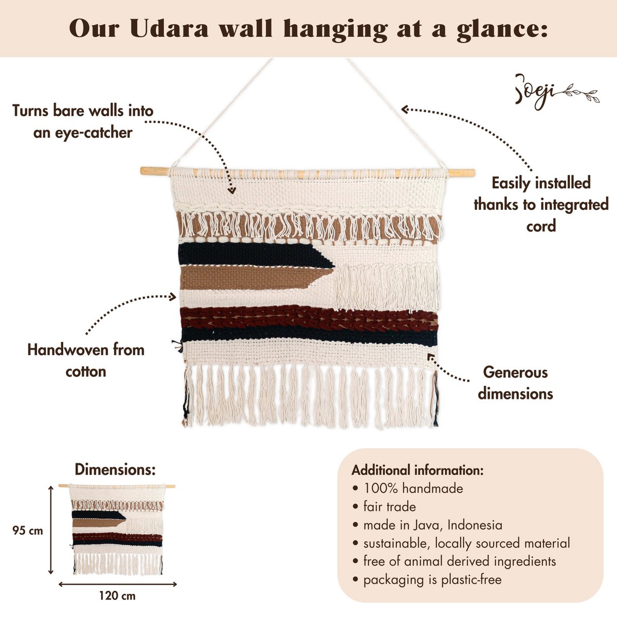 Cotton macrame wall hanging 120 × 95 cm – wood & cord