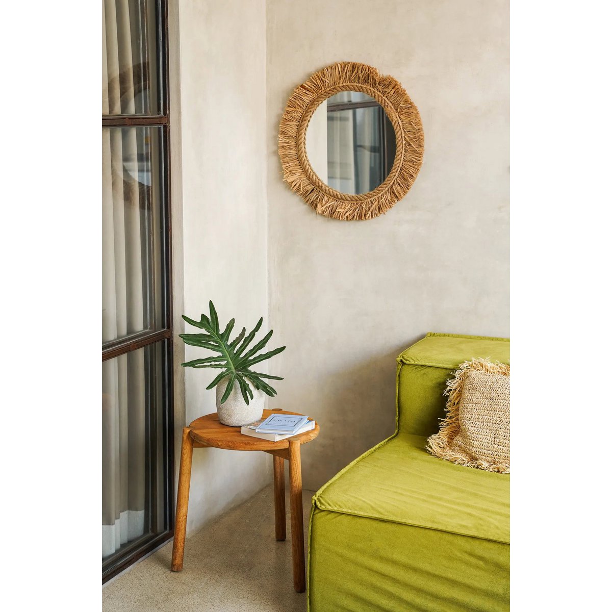 Raffiaspiegel, rund, 60 cm – sonneninspiriertes Design