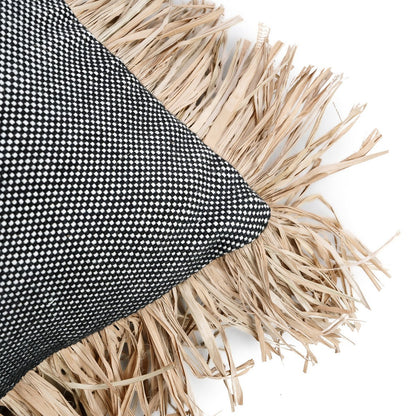 Cotton cushion cover with raffia fringe, 30×50 cm - Black dotted