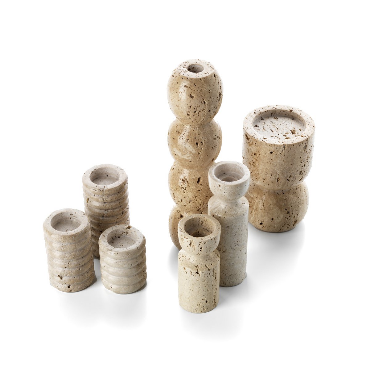 Travertine Hourglass candle holder, beige medium - hand-carved